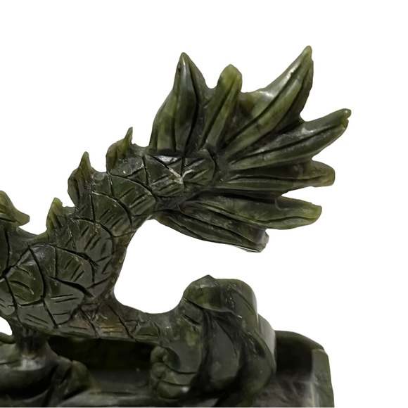 Carved Stone Fierce Dragon Statue Holding Orb Sphere Ball Green Maybe Old Jade - Picture 11 of 11
